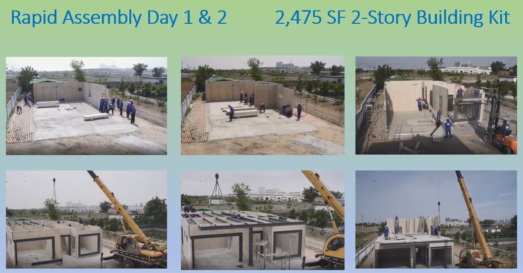 A 2,475 square foot two-story PanLbilt building kit being assembled on site, days 1 and 2: foundation, wall panels, and crane-set floor panels.