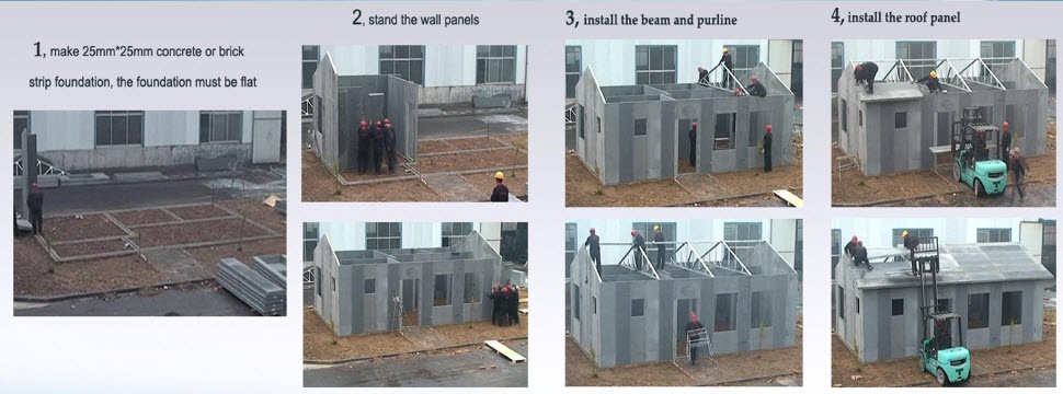 Four job-site photos showing a PanLbilt structure going up: foundation strip, standing wall panels, installing the beam and purlin, and installing the roof panel.