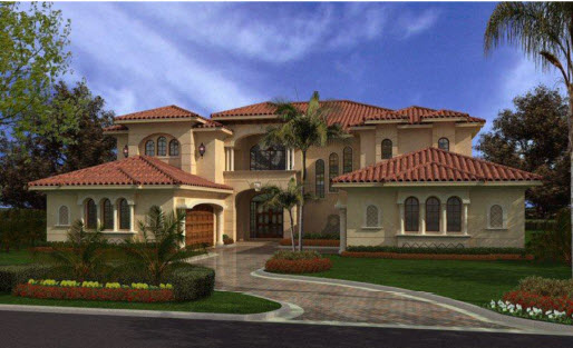 Front rendering of the PanLbilt Florida Villa, a large two-story Mediterranean-style estate with a tile roof.