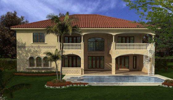 Rear rendering of the PanLbilt Florida Villa, showing a covered balcony and pool.