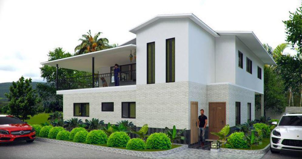 Rendering of a PanLbilt two-story villa with a covered balcony and ground-floor garage.