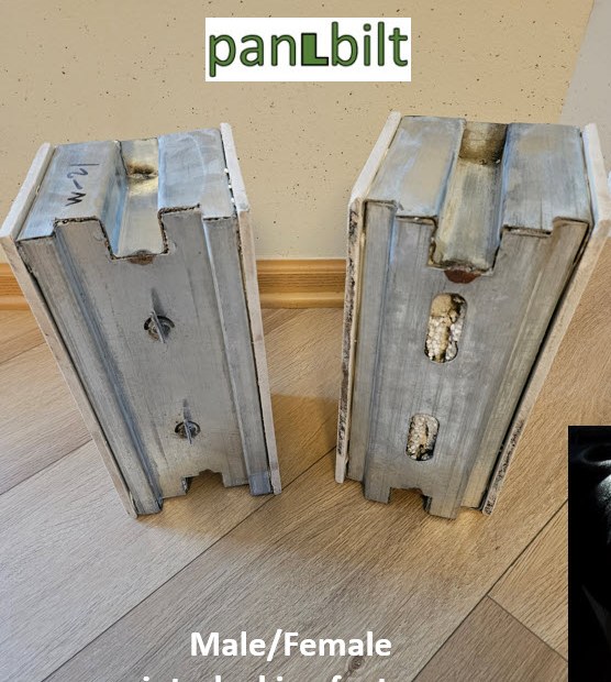 Two PanLbilt panel edges showing the male and female interlocking groove that joins panels together.