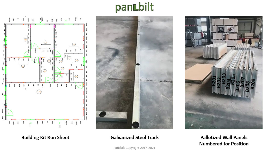 Building kit run sheet, galvanized steel track, and palletized wall panels numbered for position.