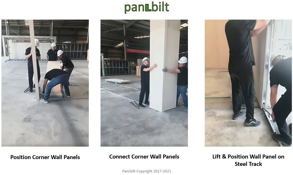 Workers positioning and connecting corner wall panels, then lifting a wall panel onto the steel track.