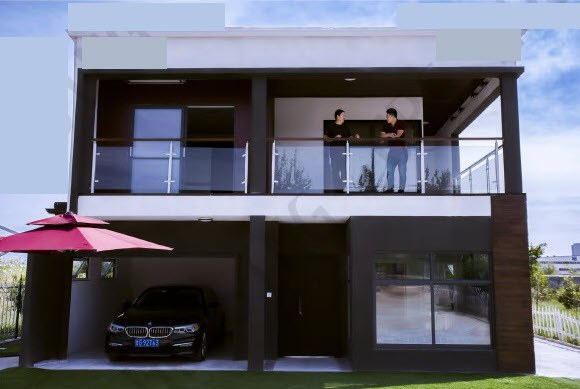 Rendering of a PanLbilt two-story home with a covered balcony, ground-floor garage, and driveway.